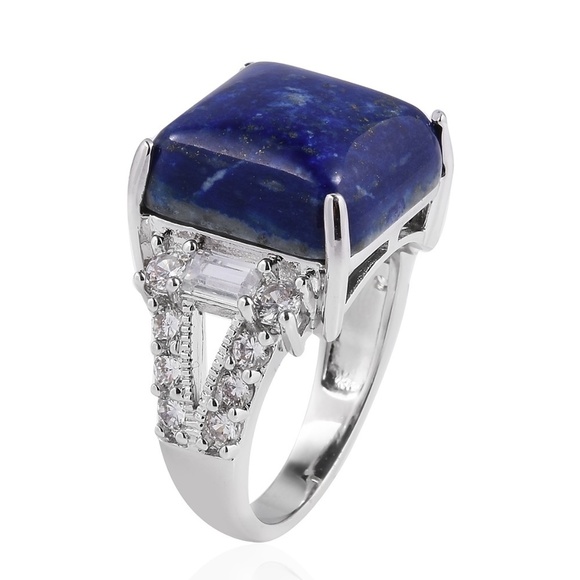 Genuine Lapis Lazuli, Simulated White Diamond Silvertone Ring - Picture 2 of 6